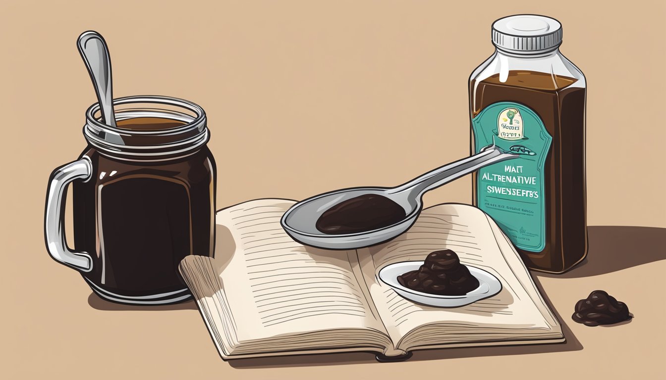 A jar of malt syrup next to a bottle of molasses, with measuring spoons and a recipe book open to a page about alternative sweeteners