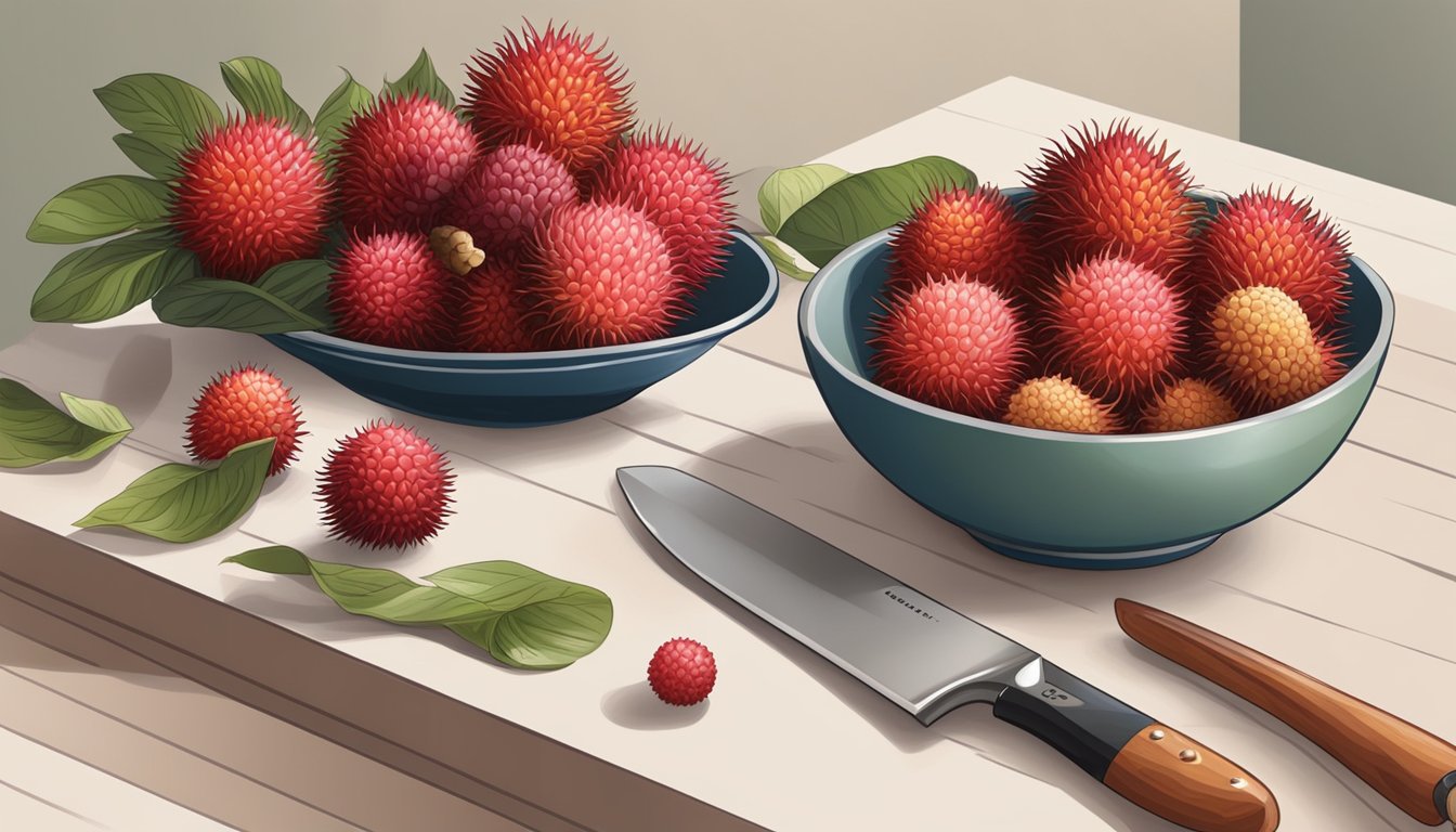 A bowl of lychees and rambutans side by side, with a chef's knife and cutting board nearby for substitution demonstration