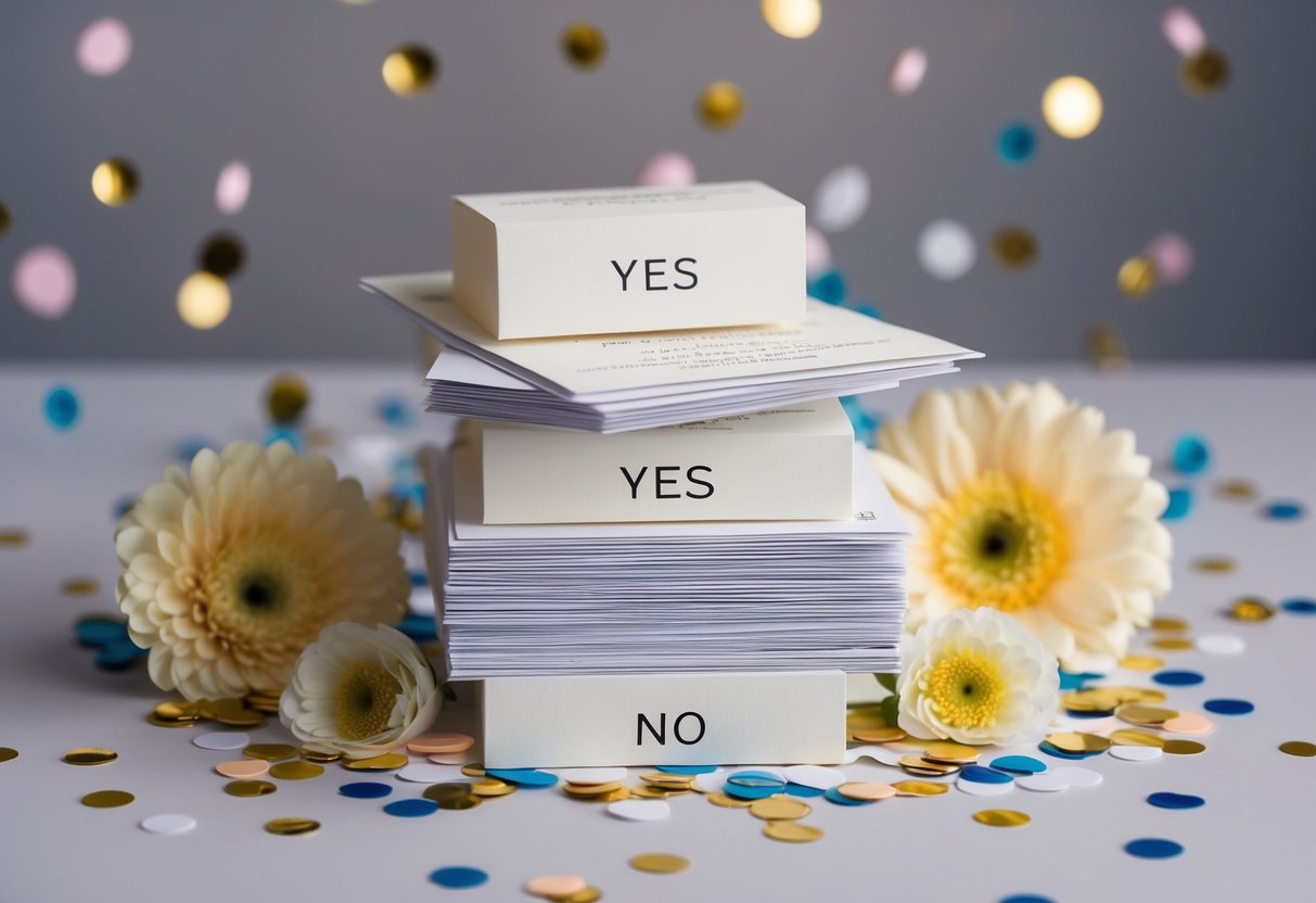 A stack of wedding invitations with varying responses, some marked "yes" and others "no," surrounded by confetti and flowers