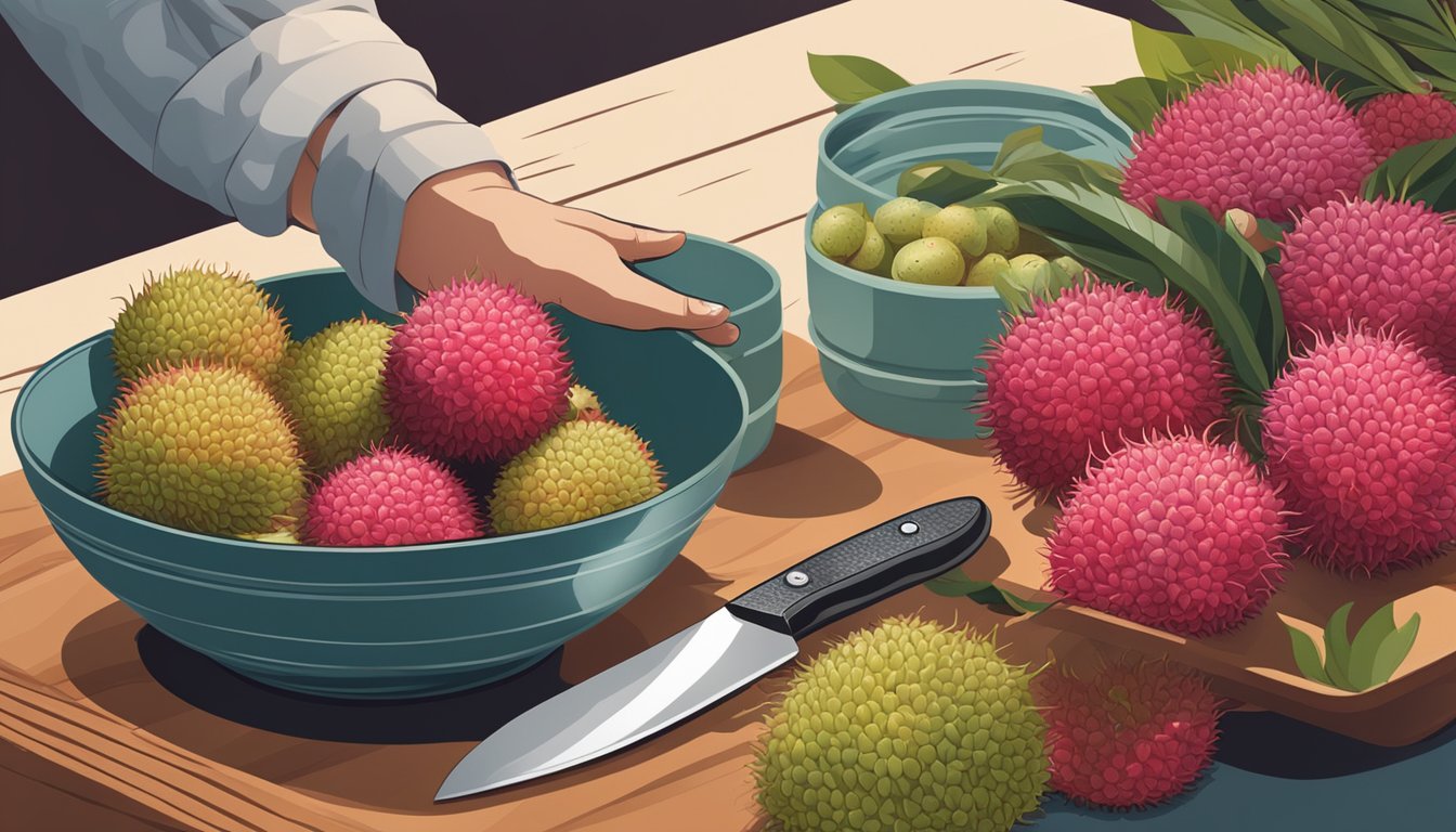 A hand reaching for a bowl of lychee and rambutan, with a knife and cutting board nearby. A storage container for the fruit sits in the background