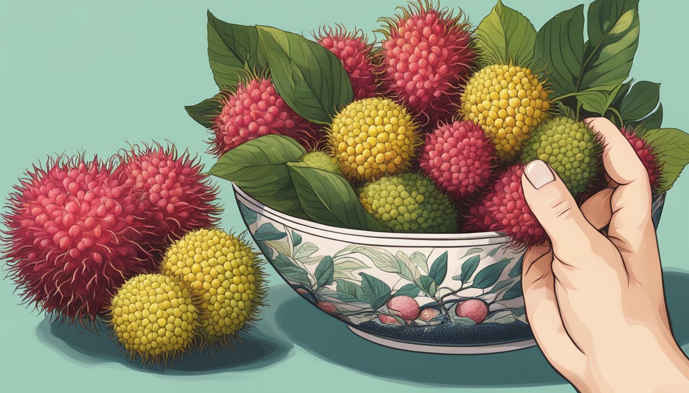 A bowl of lychees and rambutans side by side, with a hand reaching for a lychee