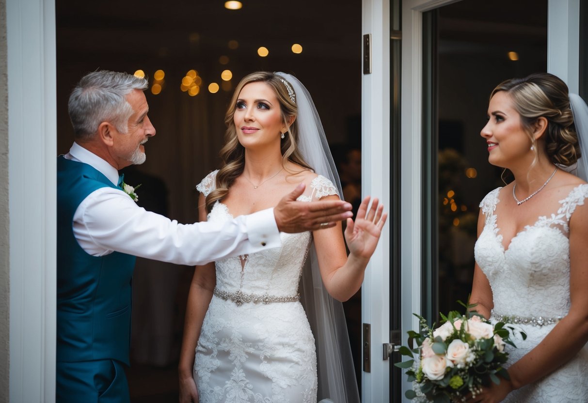 A figure stands in a doorway, gesturing towards a bride with a sweeping motion. The bride looks back, her eyes filled with emotion