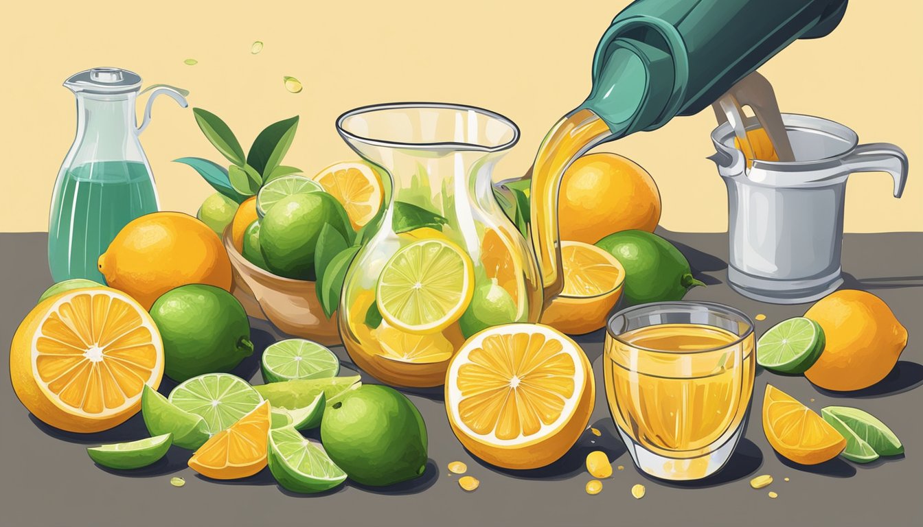 A hand pouring malt vinegar into a measuring cup, surrounded by various citrus fruits like lemons, limes, and oranges