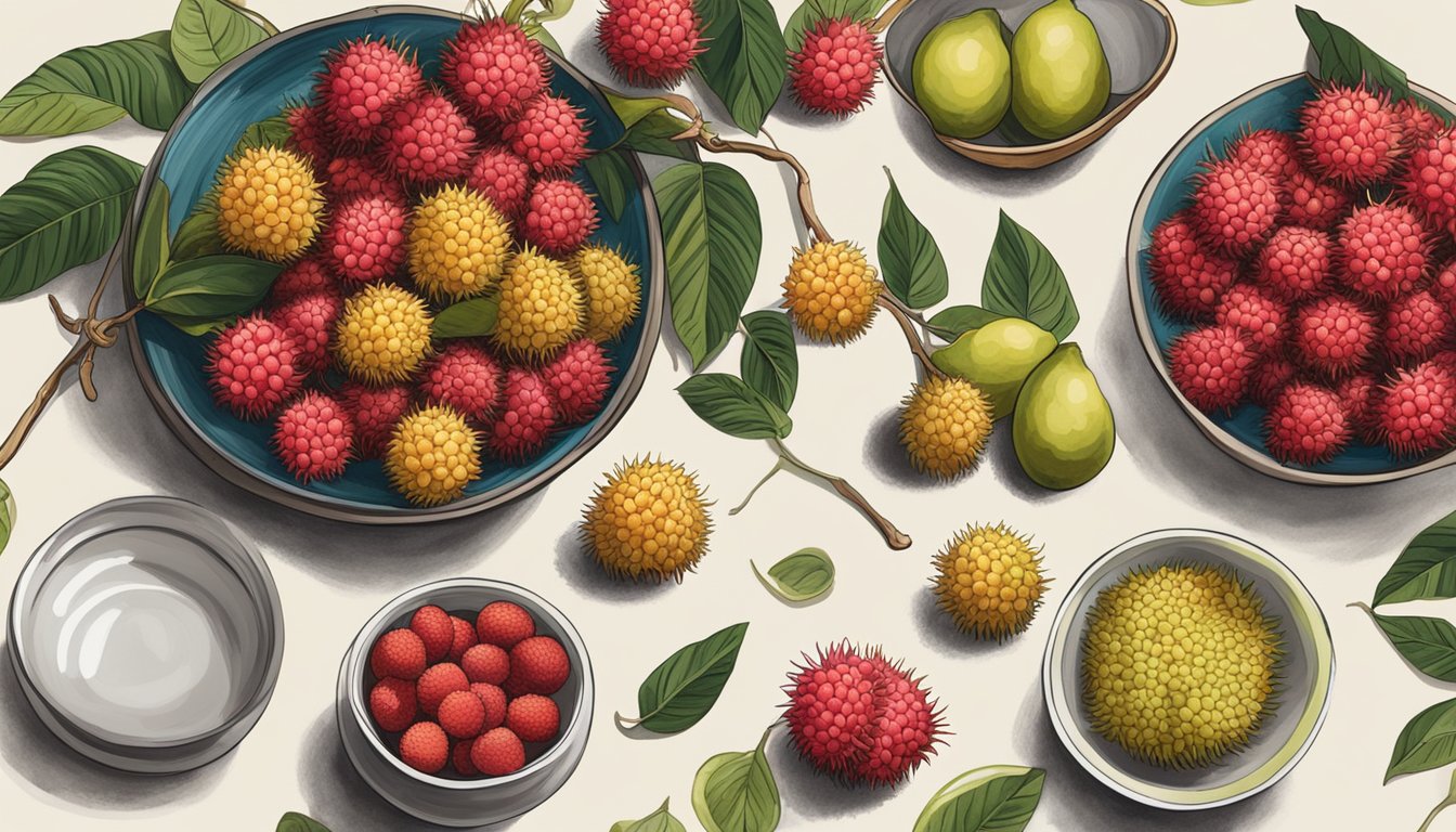 A kitchen counter with a bowl of lychees next to a bowl of rambutans, surrounded by various ingredients and cooking utensils