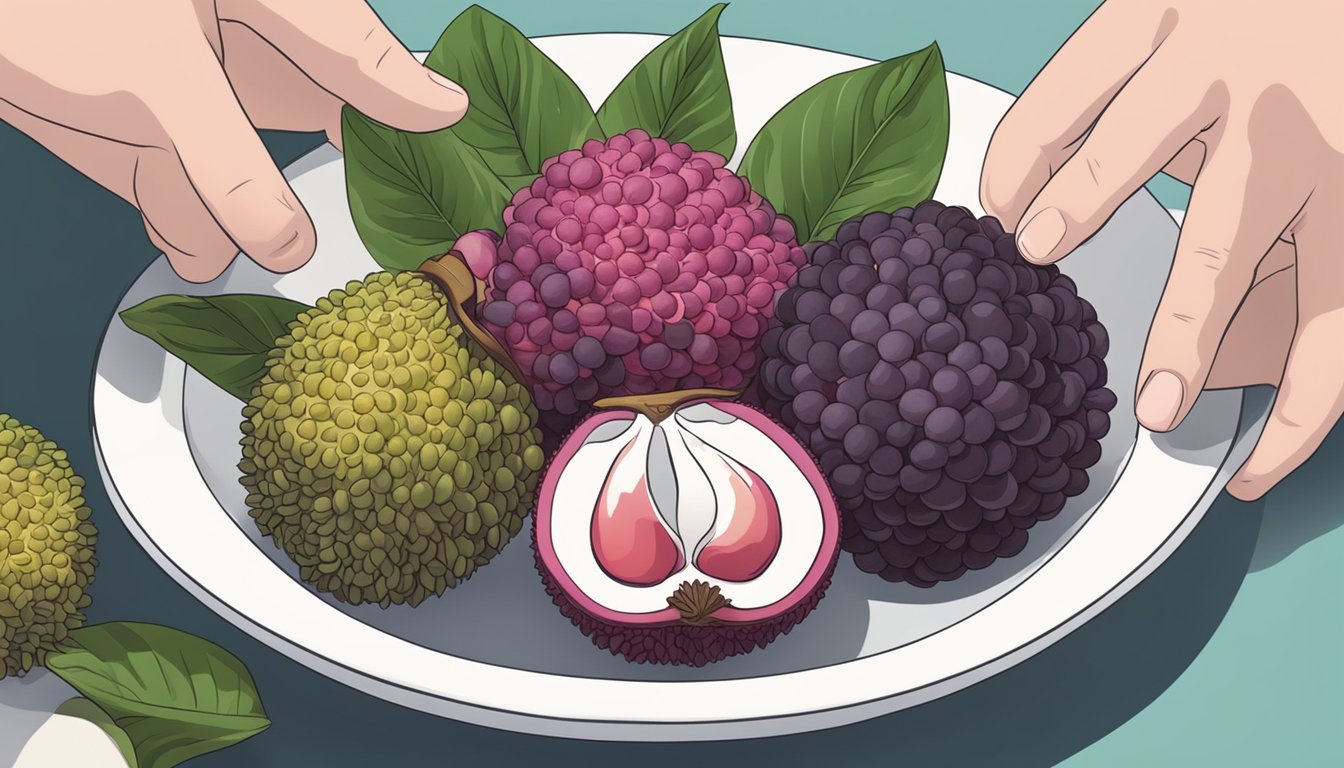 A bowl of lychees and mangosteens with a hand swapping out a mangosteen for a lychee