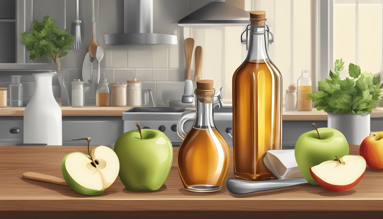 A bottle of malt vinegar and a bottle of apple cider vinegar placed side by side on a kitchen counter, surrounded by various cooking ingredients and utensils