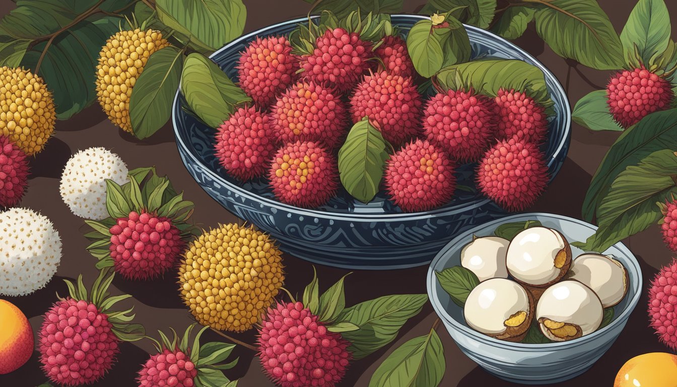 A table with a bowl of lychees and rambutans, surrounded by various fruits and ingredients. A person holding a lychee and examining it closely