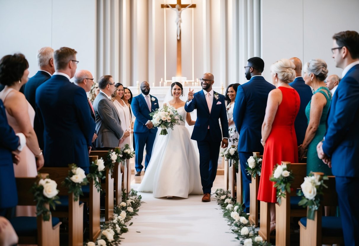 A figure stands at the altar, gesturing towards the bride as she walks down the aisle, surrounded by a modern, diverse group of wedding guests