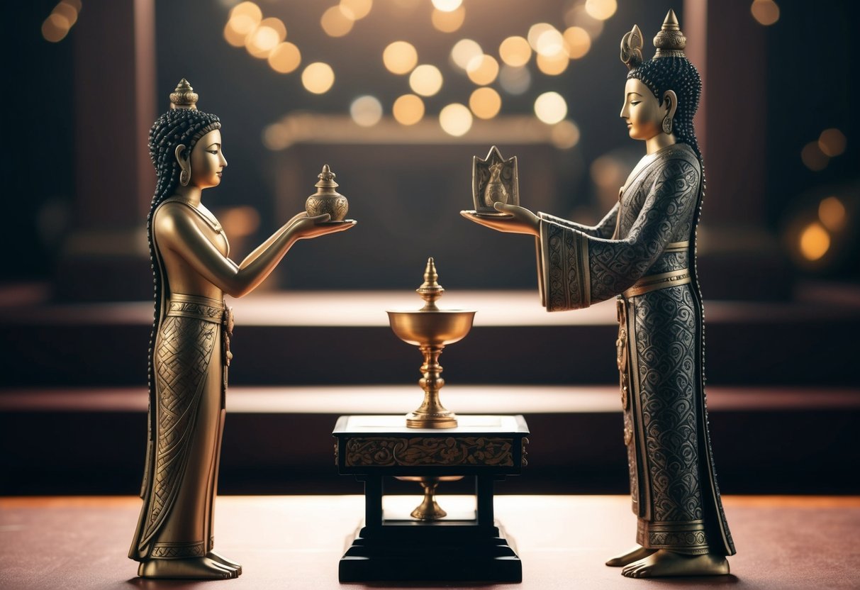 A figure standing before an altar, holding a symbolic object to present to another figure