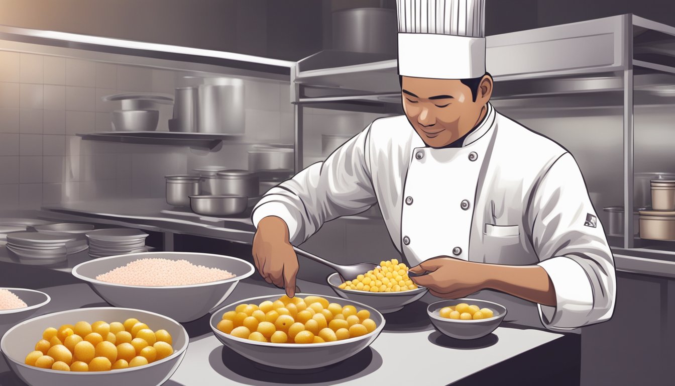 A bowl of lychee-based dessert being prepared, with a chef swapping out the lychee for mangosteen fruit