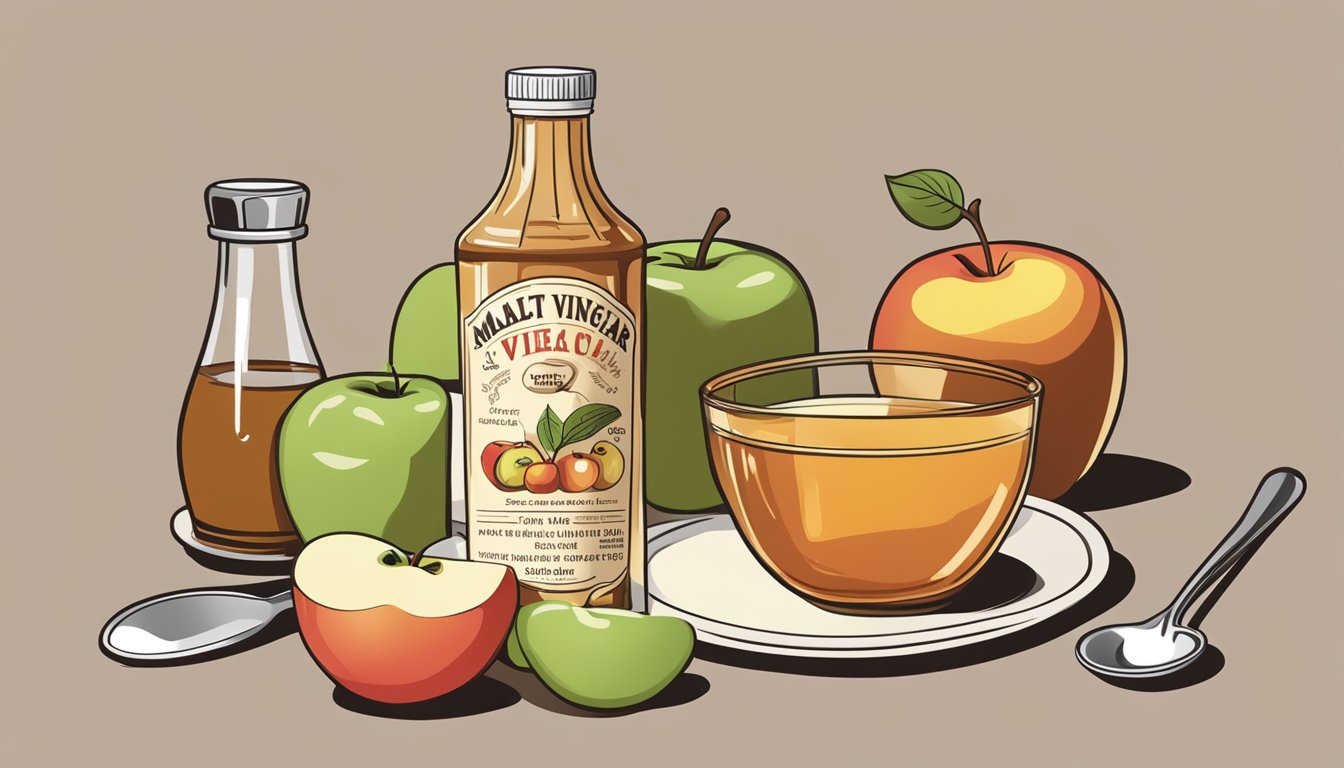 A bottle of malt vinegar sits next to a bowl of apples, while a measuring spoon hovers over a recipe for apple cider vinegar