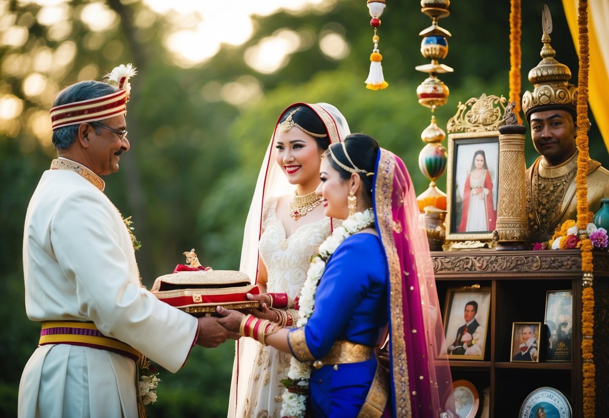 A figure presenting a bride to another figure, surrounded by cultural symbols and personal items