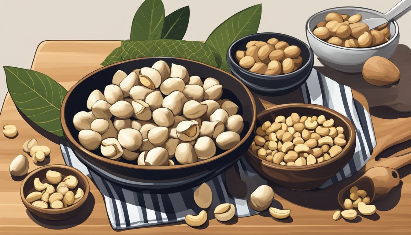 A bowl of macadamia nuts and cashews side by side, with a chef's knife and cutting board nearby