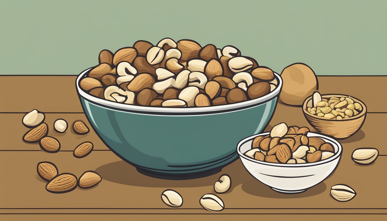 A bowl of mixed nuts with a label showing nutritional information. A hand swaps out cashews for macadamia nuts