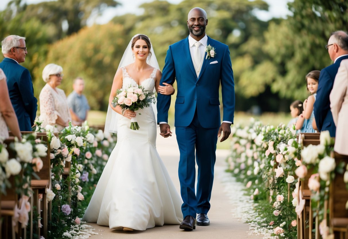 A bride and a figure walk side by side through a flower-filled aisle. The figure is tall and supportive, radiating a sense of love and guidance