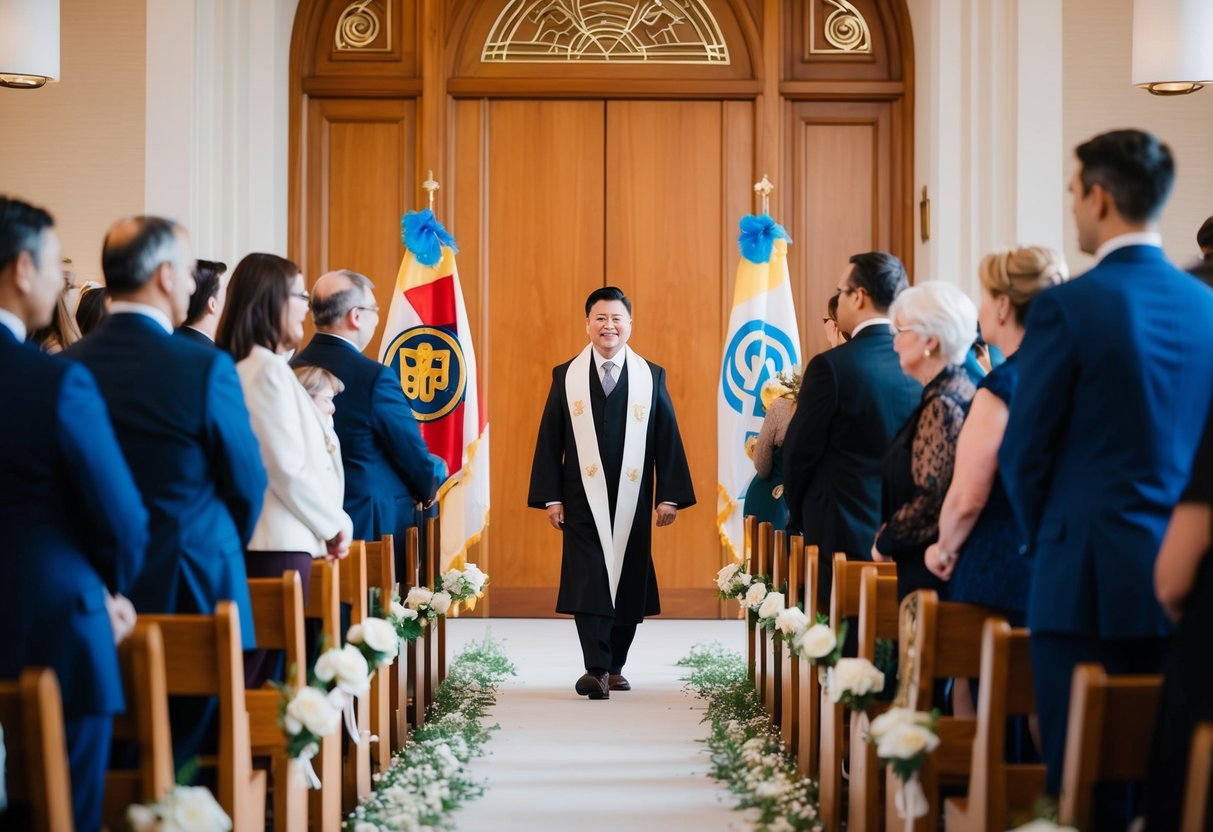 A figure walks down an aisle, flanked by symbols of tradition and modernity merging in a harmonious blend