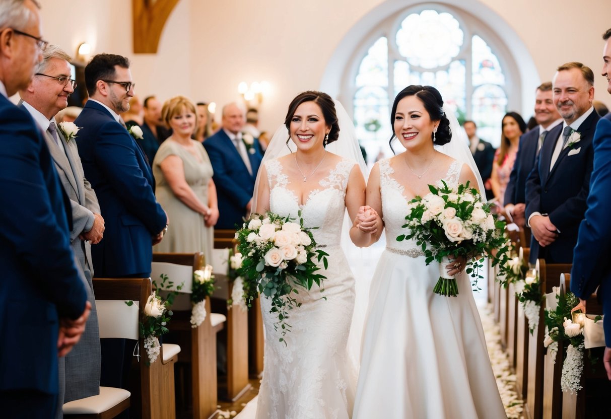 A bride walks down the aisle with her mother, both smiling and holding hands