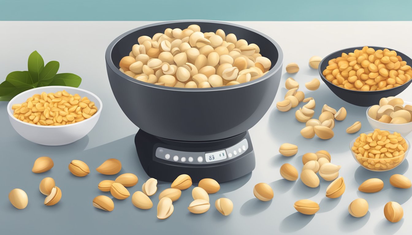 A bowl of macadamia nuts next to a pile of cashews, with a measuring cup pouring the nuts into a food processor