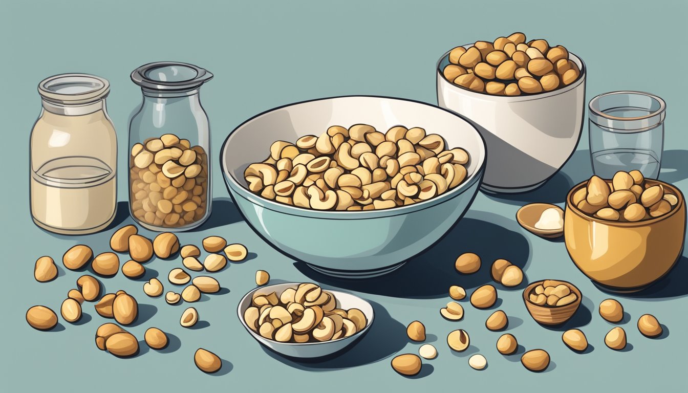 A kitchen counter with a bowl of cashews and a separate bowl of macadamia nuts, with various alternative ingredients and measuring utensils nearby