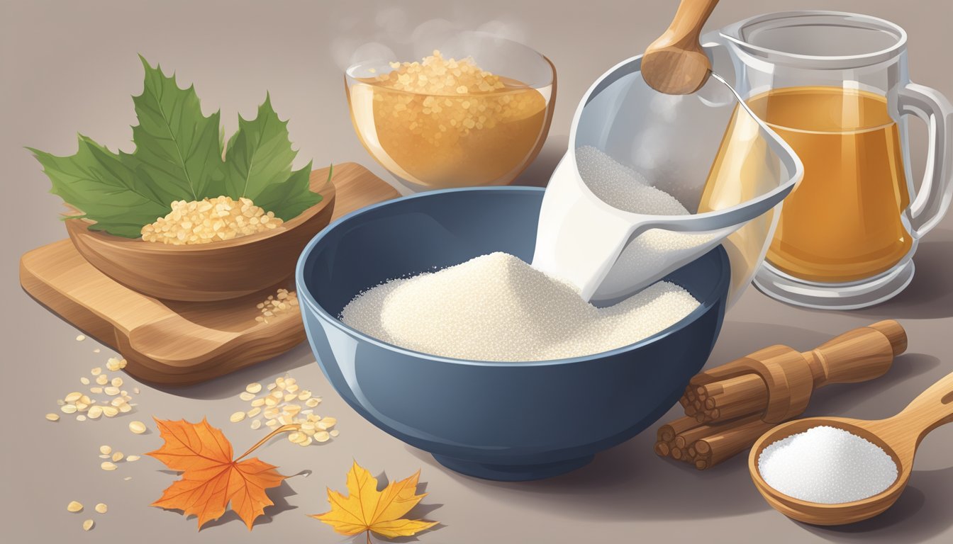 A measuring cup pouring maple sugar into a bowl of ingredients