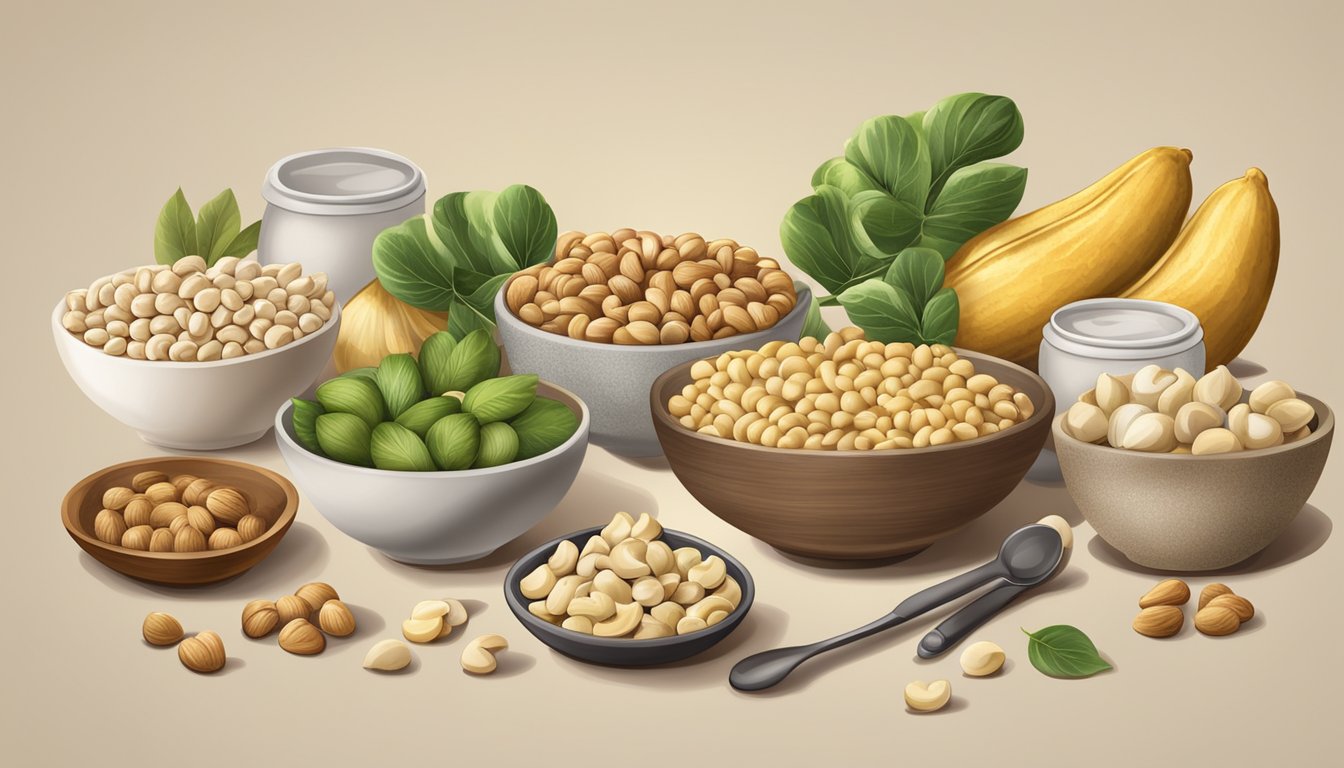 A kitchen counter with a bowl of macadamia nuts and a bowl of cashews, surrounded by various cooking utensils and ingredients