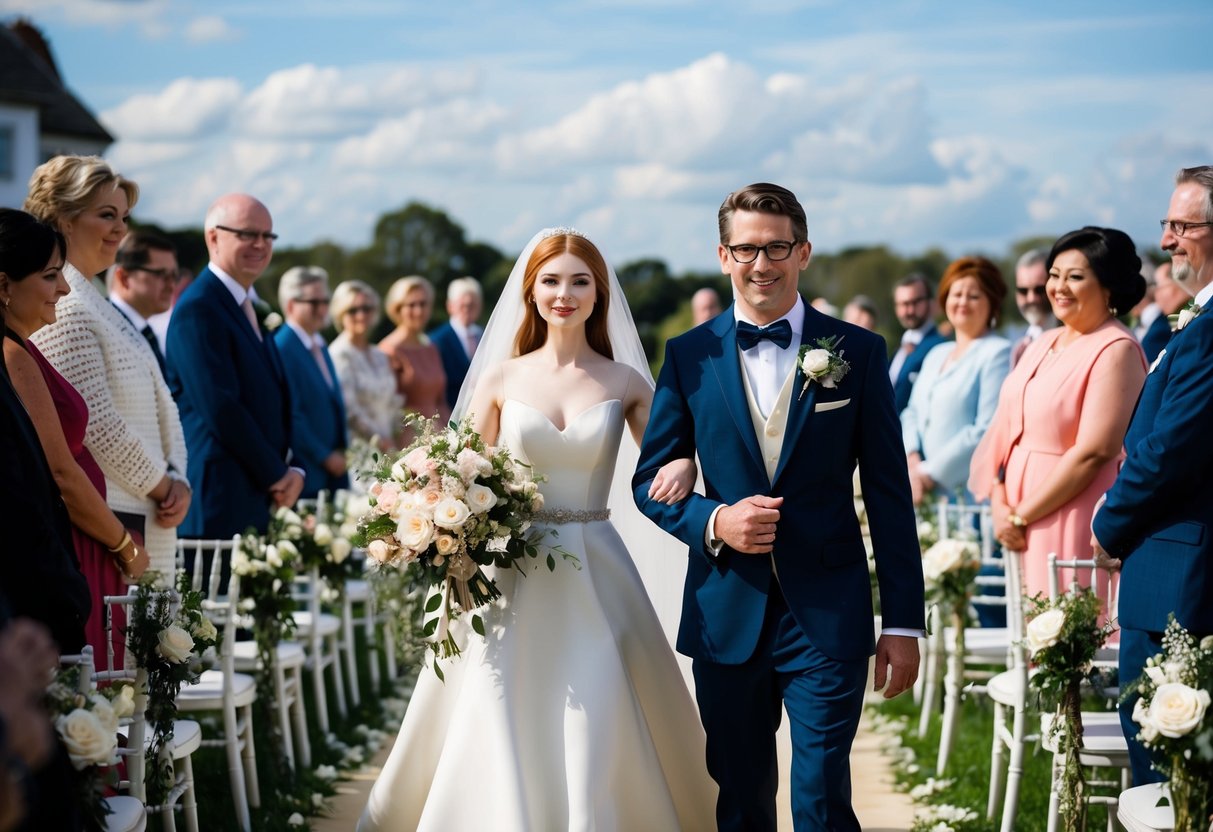 A bride and a figure walking down an aisle together, surrounded by flowers and guests