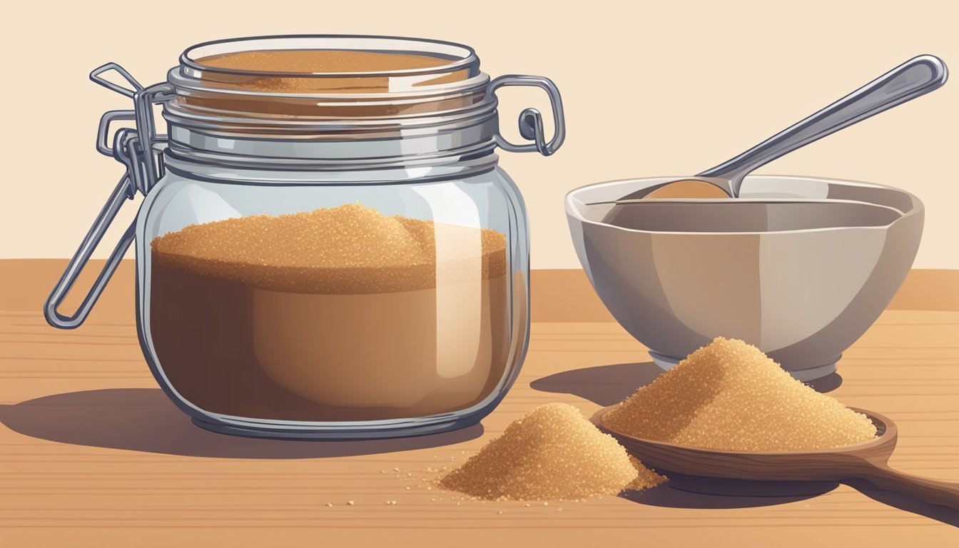 A jar of maple sugar sits next to a bowl of brown sugar, with measuring spoons and a mixing bowl nearby