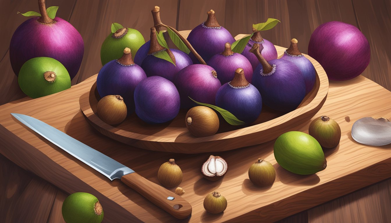 A vibrant mangosteen nestled among lychees on a wooden cutting board, with a knife nearby