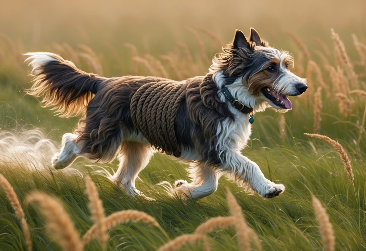 A Puli dog running through a field of tall grass, with its corded, dreadlock-like fur flowing as it moves