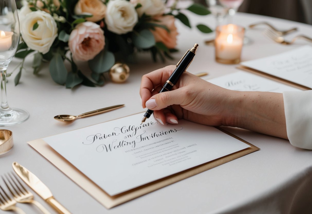 A hand holding a calligraphy pen, addressing elegant wedding invitations on a table with floral decorations and a soft, romantic ambiance