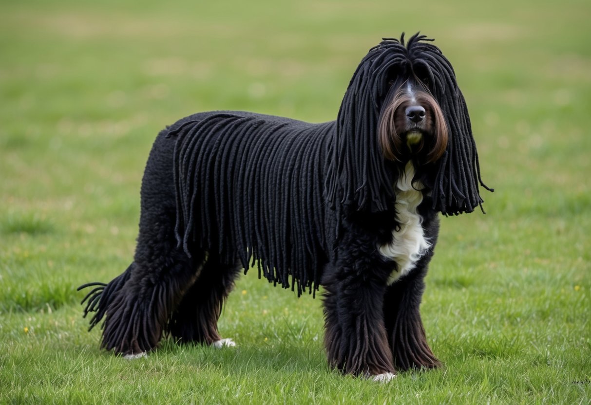 A Puli dog with long, corded black fur standing in a grassy field, its distinctive dreadlocks hanging down to the ground