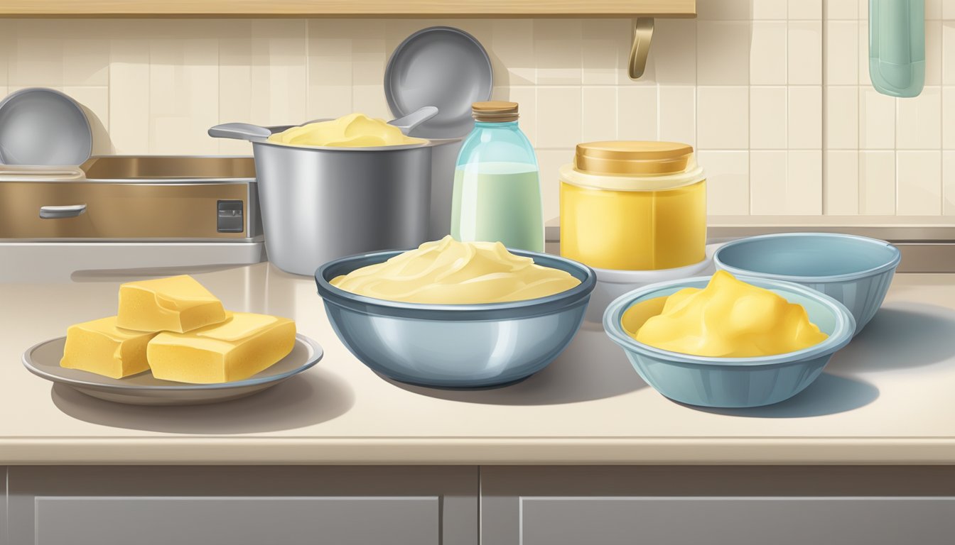 A kitchen counter with a mixing bowl and various baking ingredients, including a tub of margarine and a stick of butter