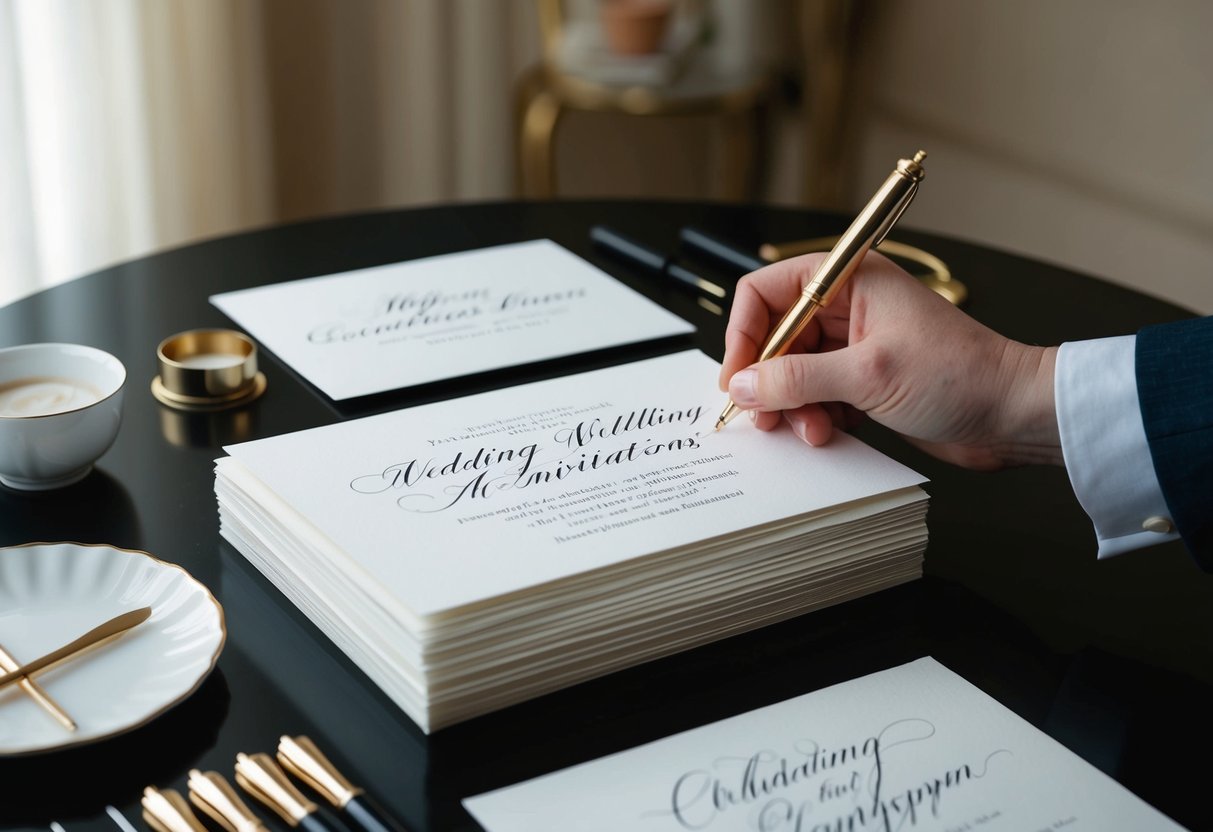 A table set with elegant calligraphy tools and a stack of blank wedding invitations, with a person's hand hovering over the paper, considering the perfect wording and layout