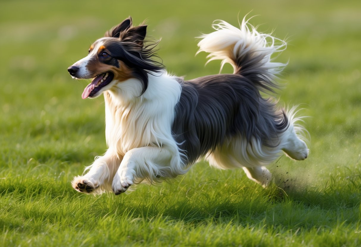 A Puli dog playing joyfully in a grassy field, its long, corded coat bouncing as it runs and jumps