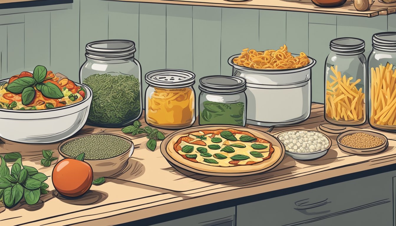 A kitchen counter with various dishes: pizza, pasta, and soup. A hand reaches for a jar of marjoram to substitute for oregano