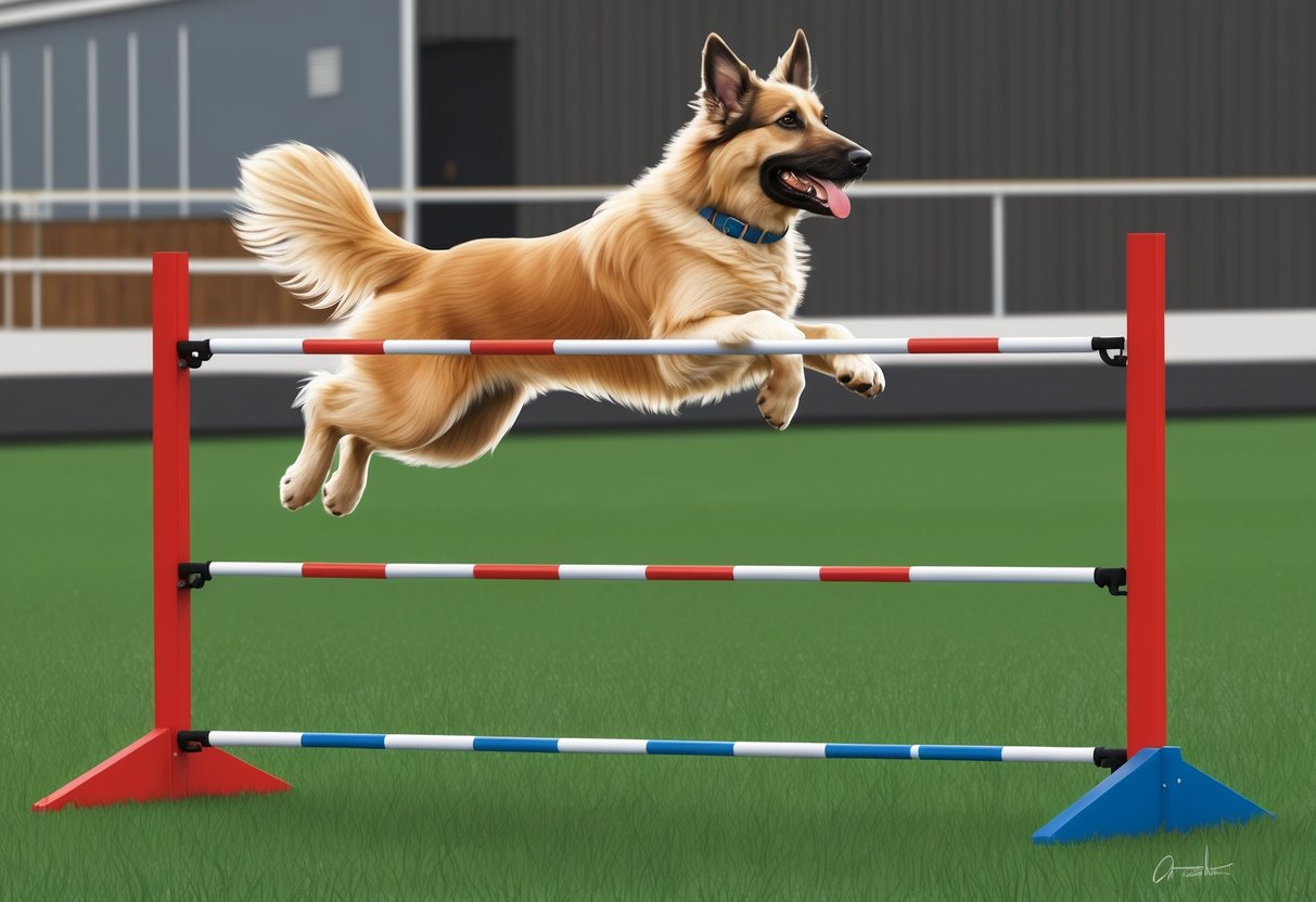 A Puli dog jumps through hoops at a training facility