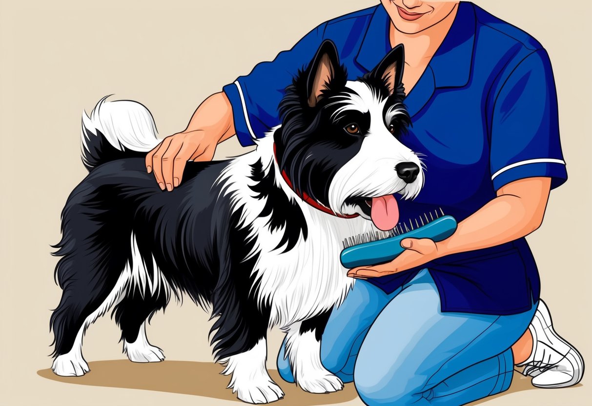 A Puli dog being groomed with a brush and receiving care from its owner