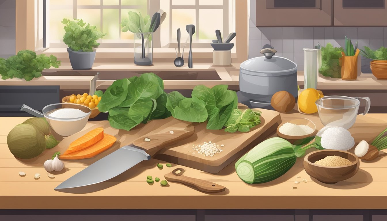 A kitchen counter with a cutting board, knife, malanga, and taro, surrounded by various cooking ingredients and utensils