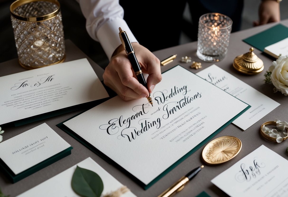 A hand holding a calligraphy pen writing on elegant wedding invitations surrounded by various stationery and decorative elements