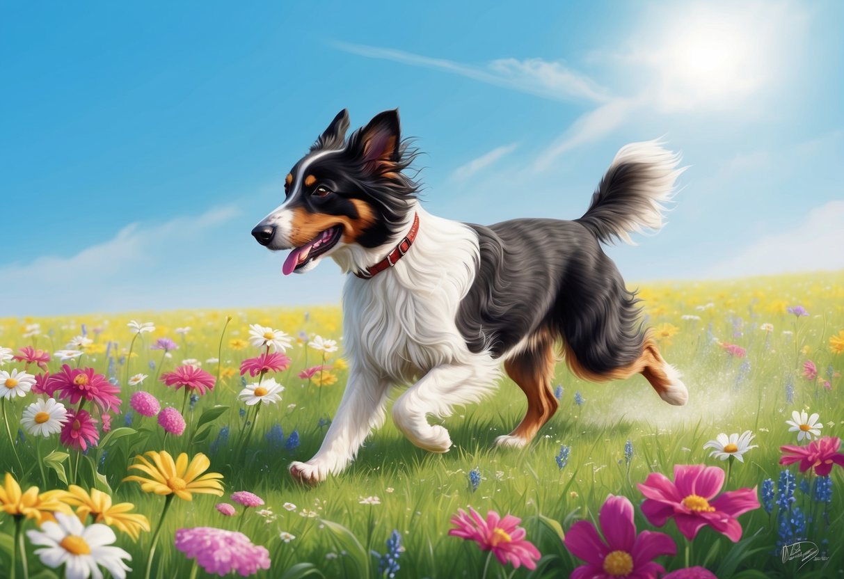 A Puli dog running through a field of vibrant flowers, with a bright blue sky and a gentle breeze