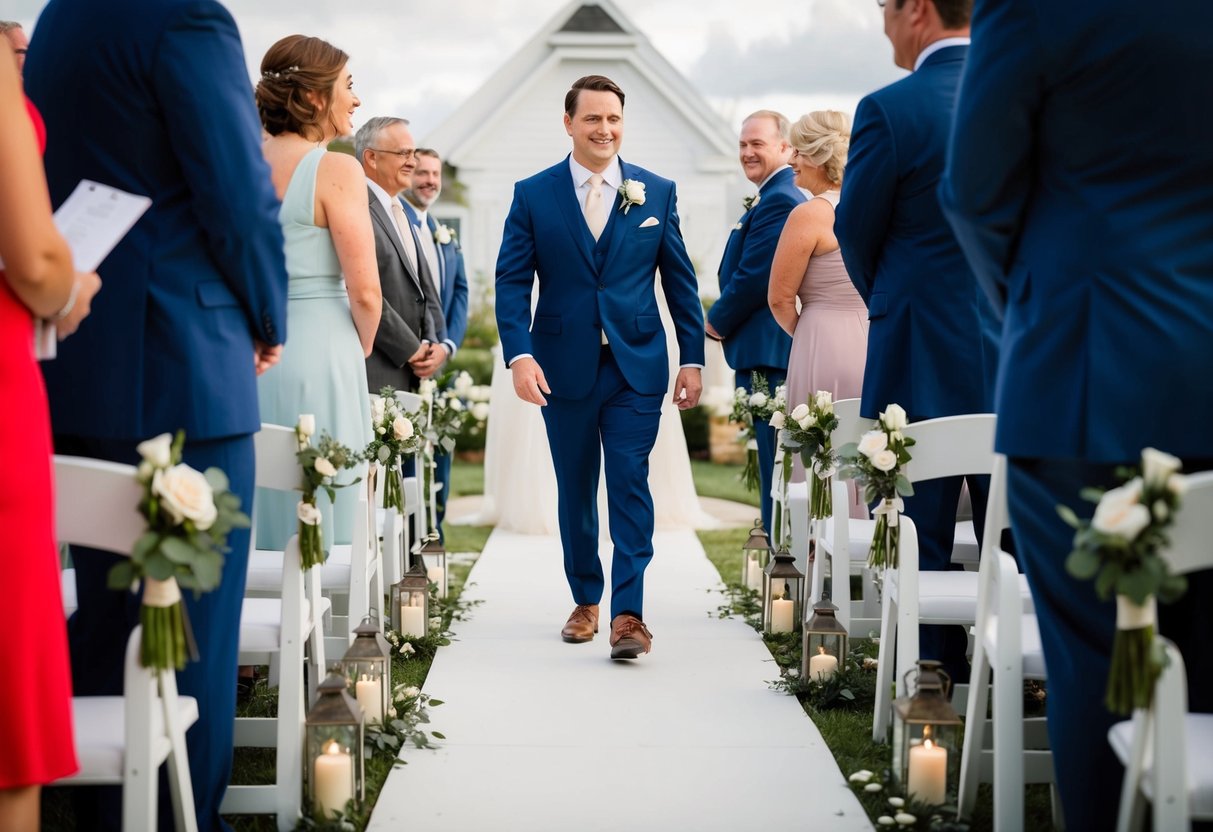 The groom walks down the aisle, leading the way