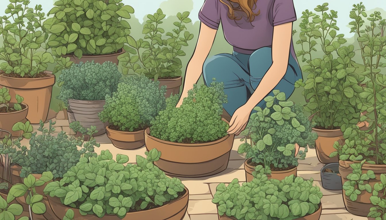 A garden with various herbs growing, including marjoram and oregano. A person is picking marjoram leaves to use as a substitute for oregano