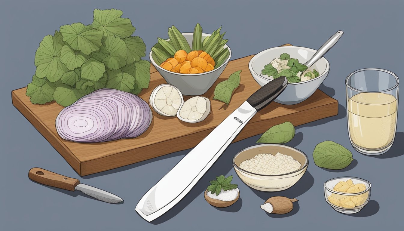 A kitchen counter with a cutting board, knife, and various ingredients including malanga and taro. A recipe book is open to a page titled "Substituting Malanga for Taro."