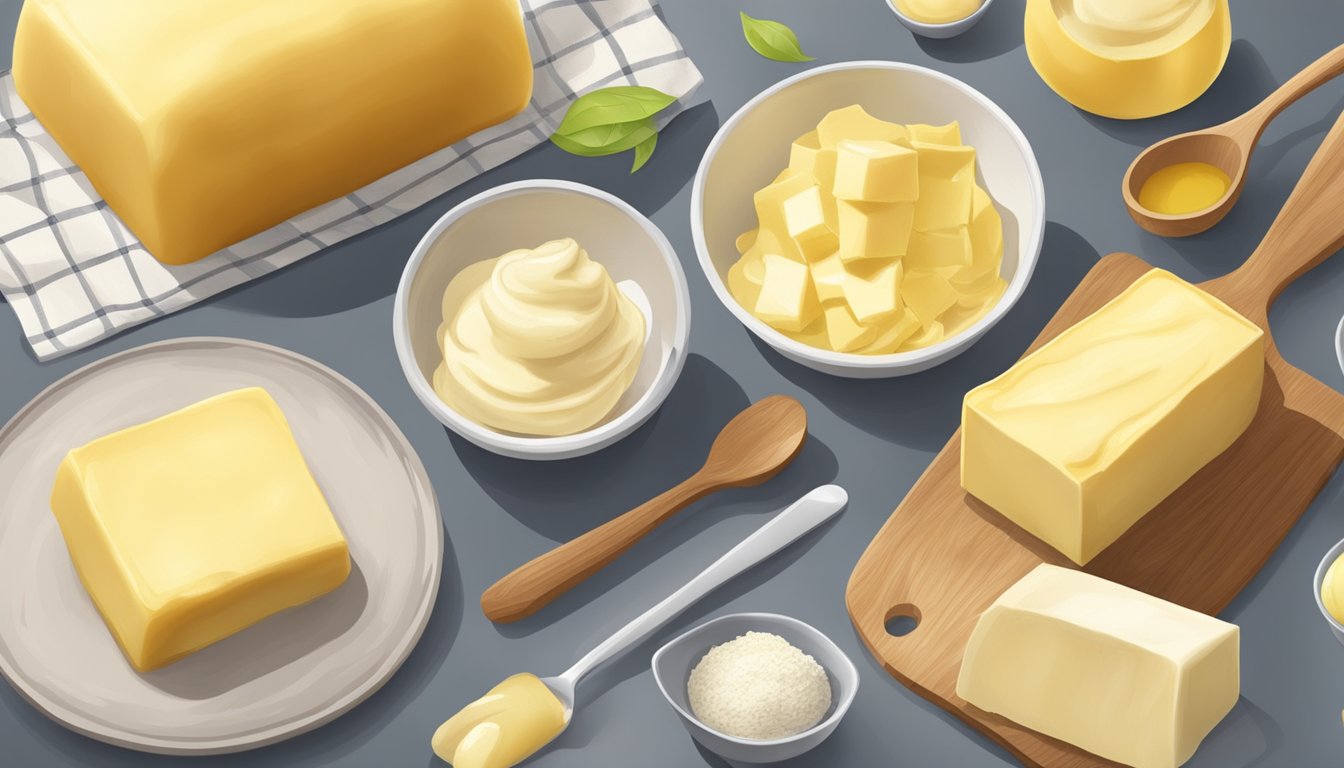 A kitchen counter with margarine and butter next to each other, surrounded by baking ingredients and utensils