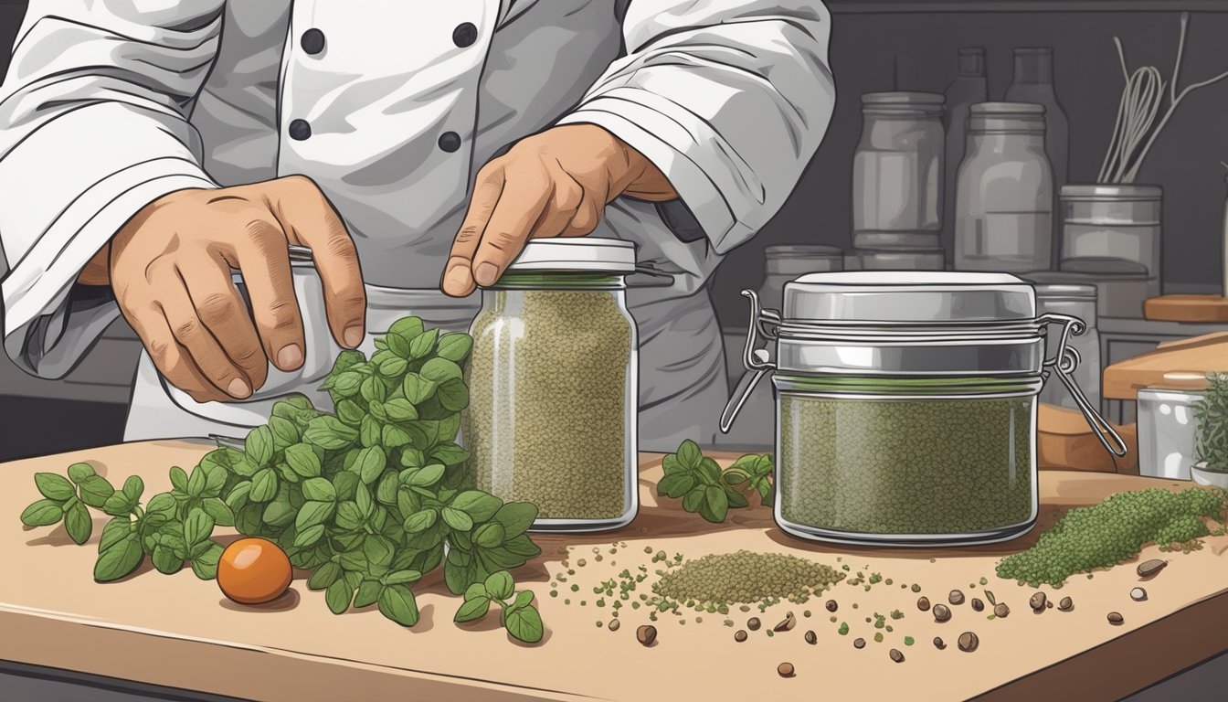 A chef reaching for a jar of marjoram to replace oregano in a recipe, with various herbs and spices scattered on the kitchen counter