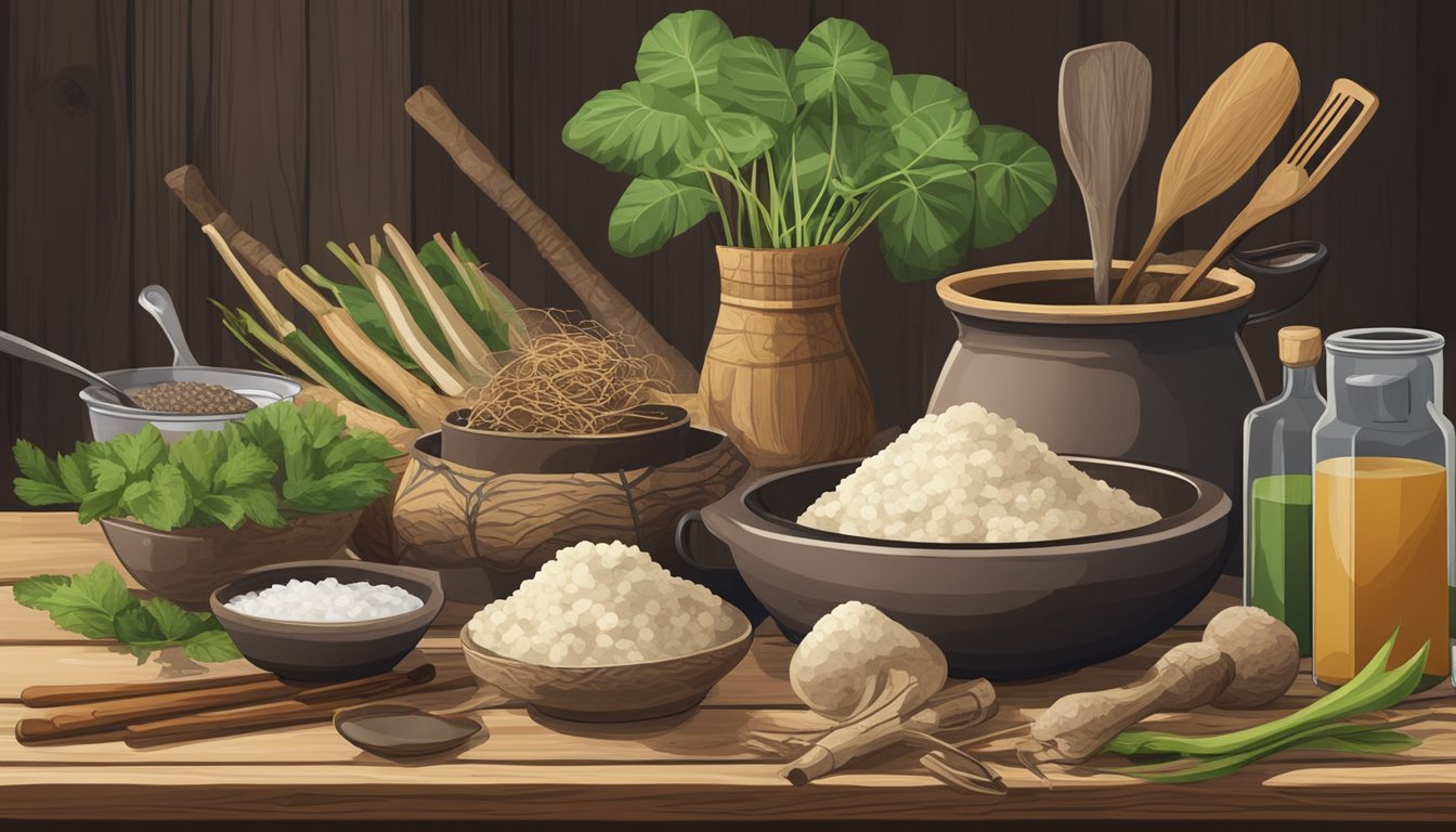 Malanga and taro roots sit side by side on a rustic wooden table, surrounded by various kitchen utensils and ingredients. A pot simmers on the stove in the background