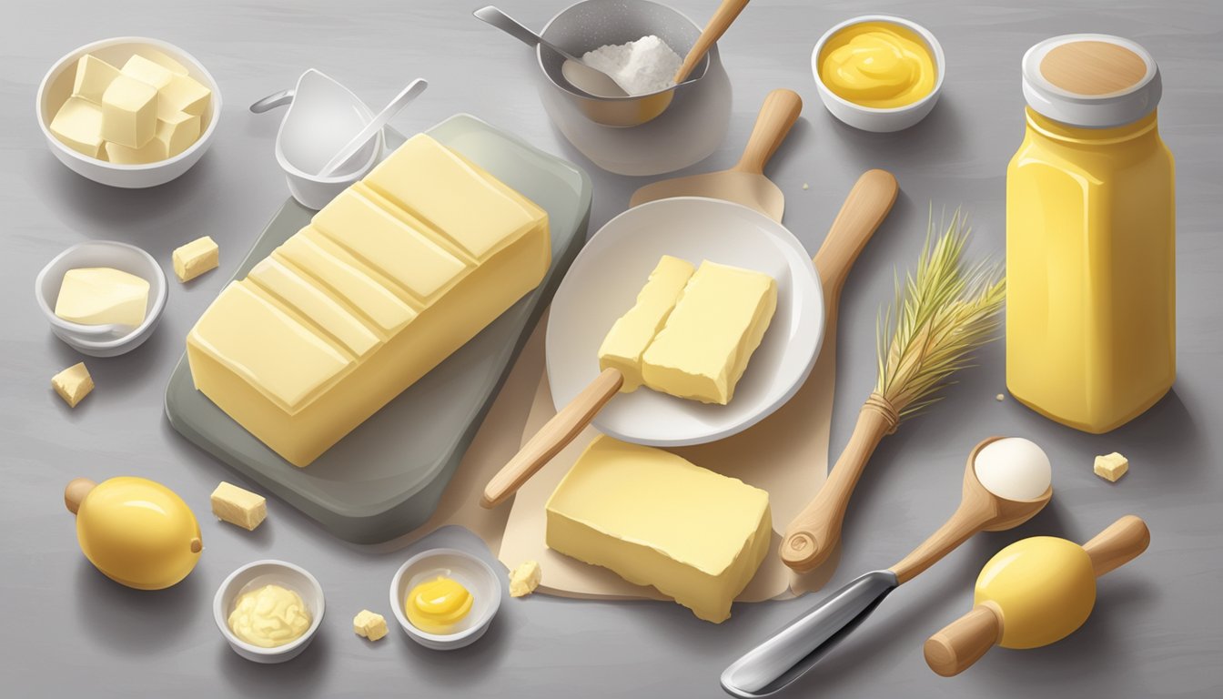 A stick of margarine and a stick of butter on a kitchen counter, surrounded by baking ingredients and utensils