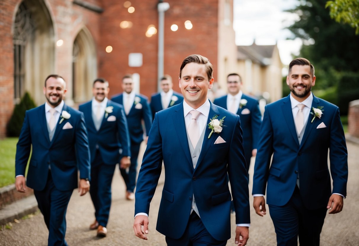 The groom leads the procession, followed by the best man and groomsmen