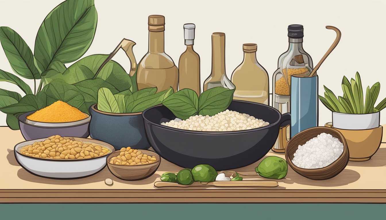 A kitchen counter with a pile of malanga and a bowl of taro, surrounded by various cooking utensils and ingredients