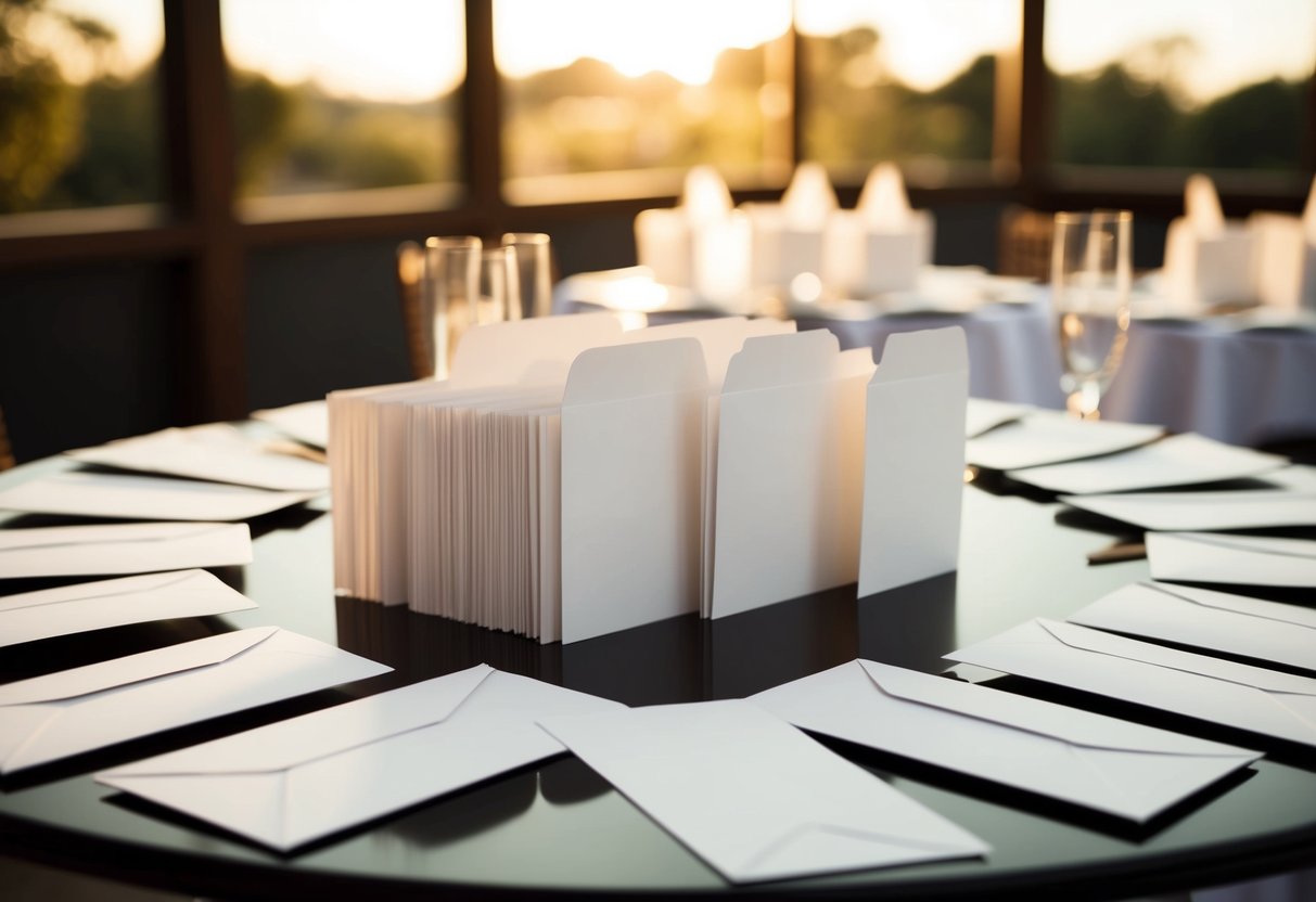 A table set with 100 blank invitations and envelopes
